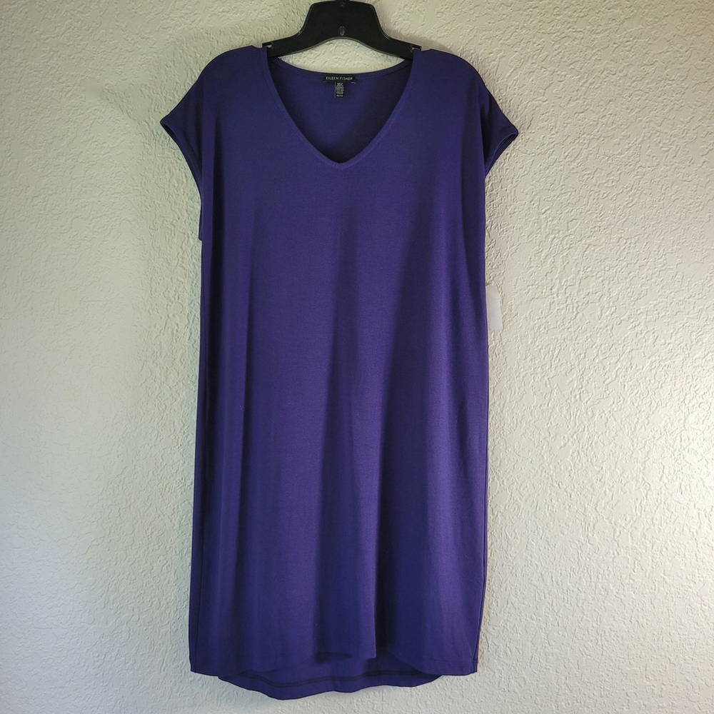 NWOT Eileen Fisher XS Women Purple Short Sleeve Knee Length Viscos Shirt Dresse
